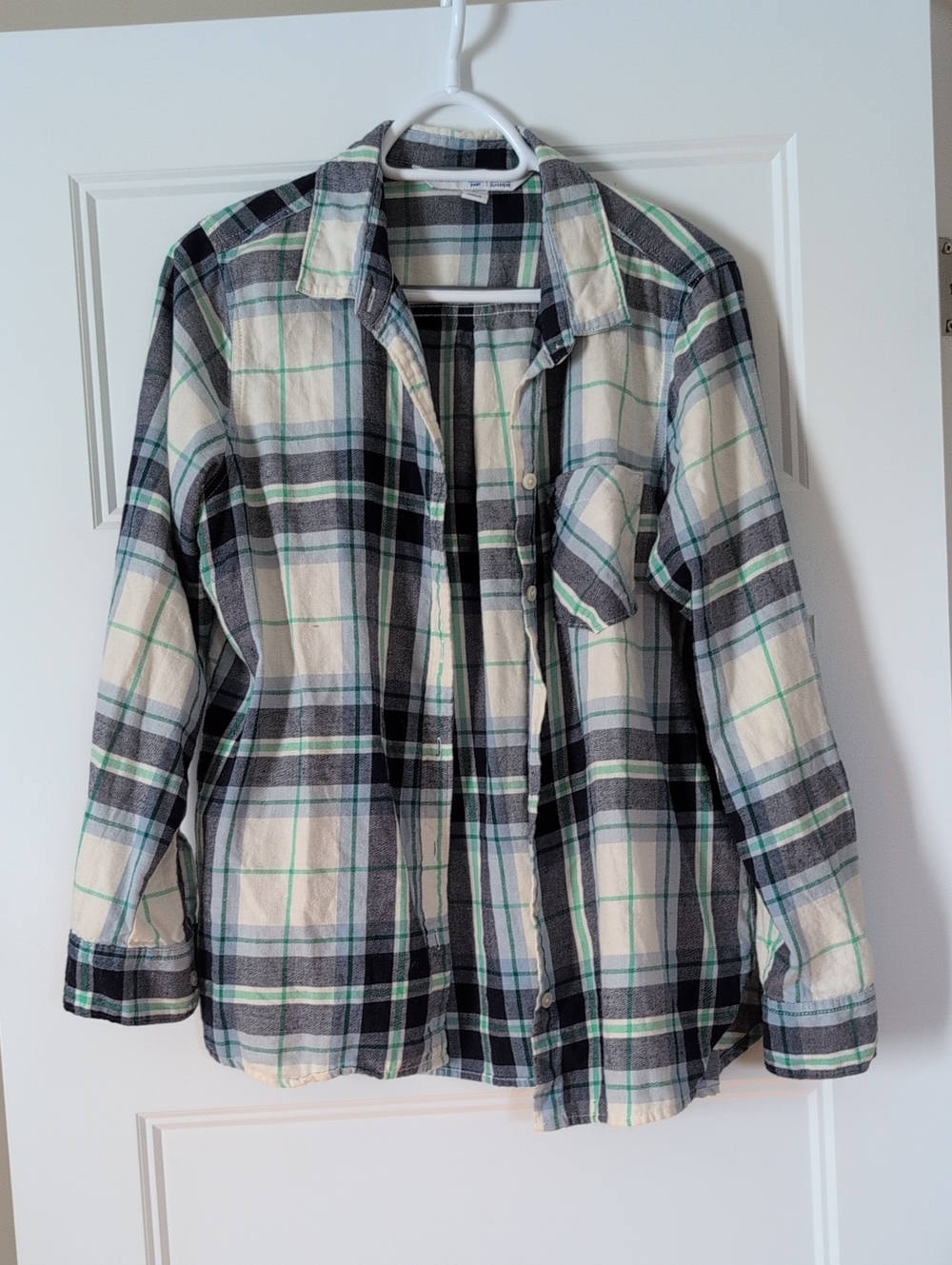 Old Navy Cream, Blue, White, And Green Plaid Button-Down Shirt